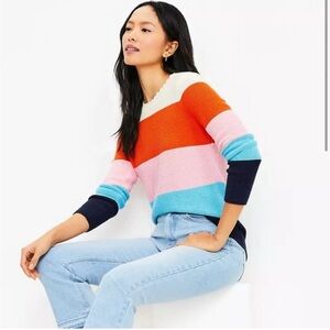 LOFT knit Multicolor Striped scalloped neck crew Sweater, size petite small